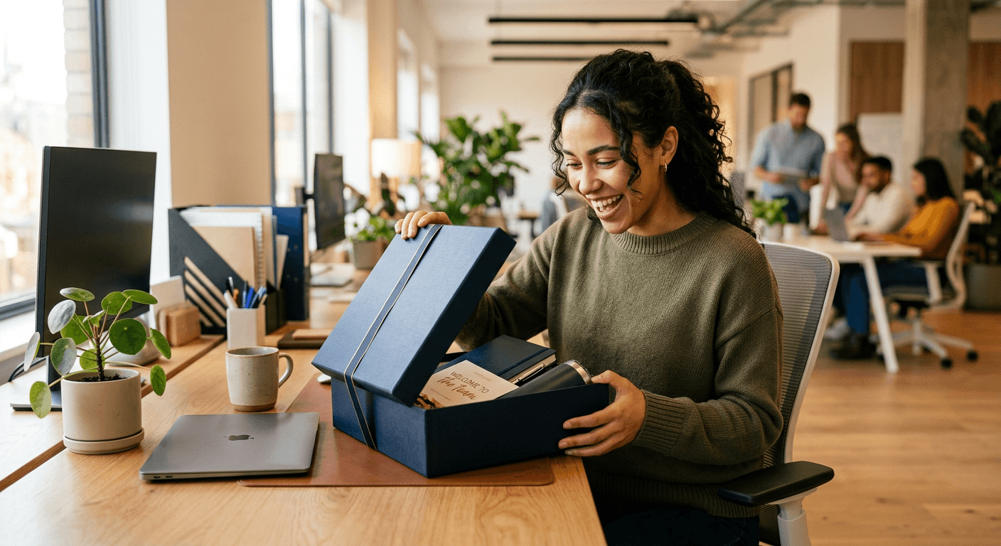 New hire opening a welcome gift at a modern desk — employee gifting hero visual for GiftingFlow