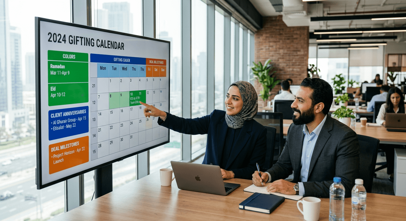 Gifting calendar — colour-coded occasions, Ramadan and client milestones in a single enterprise view
