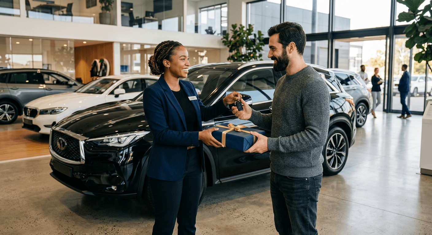 Deal celebration moment — premium corporate gift on a client desk after a sales milestone