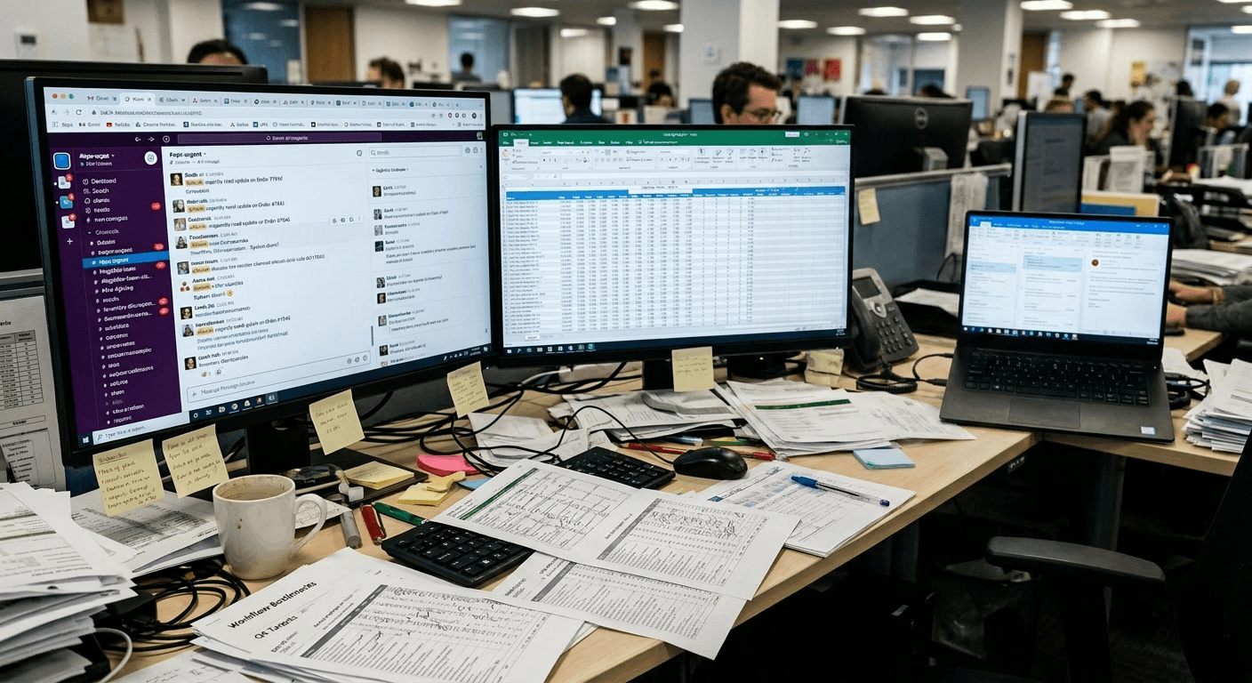Messy manual gifting operations — spreadsheets, sticky notes, and fragmented coordination on a desk