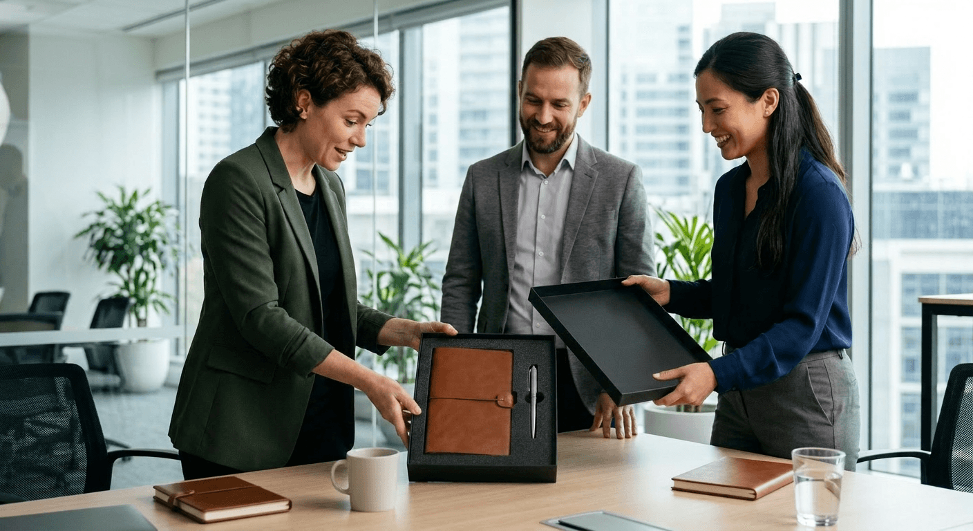 Premium corporate gifting — elegant notebook and curated gift presentation on a desk, executive brand moment